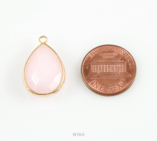 Pink Synthetic Stone Charms in Matte Gold, Framed Teardrop Pendant / SPKMG-010-P