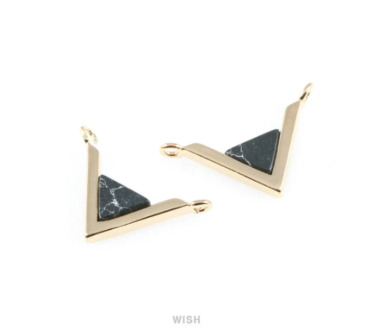 Black Marble Triangle Stone Charm in Rhodium, Gemstone Framed Pendant / STQRH-052-P