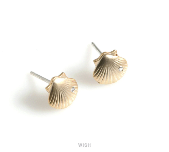 Seashell Stud Earrings in Matt Rhodium, CZ Scallop Seashell Studs / MMRH-569-E