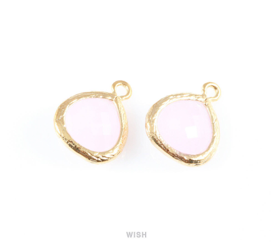 Rose Quartz Faceted Glass Charm in Rhodium, Framed Glass Gem / GRQRH-003-P (Small)