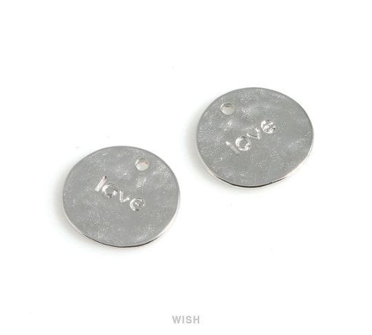 Love Engraving on Hammered Disc Pendants in Matte Gold, Love Hammered Coin Charm / MMG-533-P
