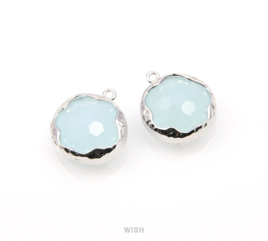 Alice Blue Faceted Glass Charms in Gold, Framed Round Pendant / GABG-090-P (Small)