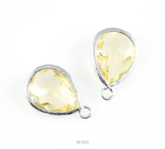 Topaz Teardrop Glass Charm in Gold, Framed Drop Glass Gem / GTPG-005-P