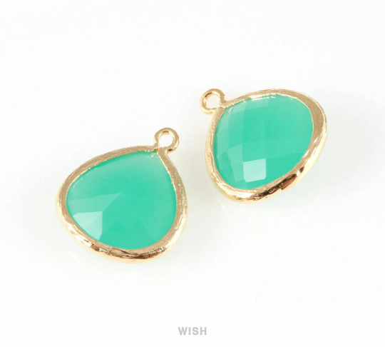 Mint Faceted Glass Charm in Rhodium, Framed Drop Glass Bead / GMTRH-001-P (Large)