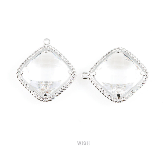 Clear Diamond Shape Pendants in Gold, Framed Diamond Charms / GCLG-032-P