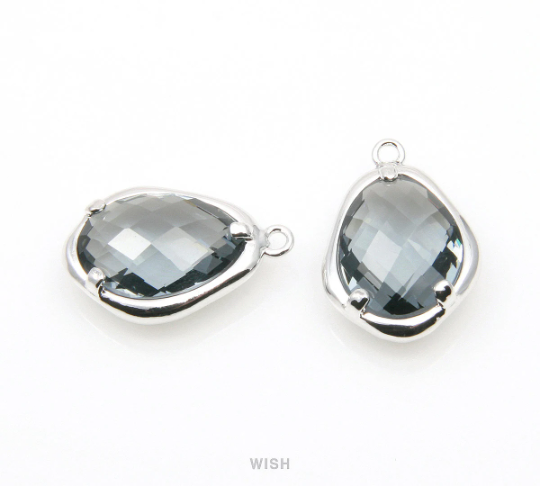 Charcoal Faceted Glass Charms in Rhodium, Framed Teardrop Pendant / GCCRH-085-P