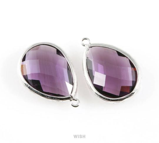 Amethyst Teardrop Glass Charm in Gold, Framed Drop Glass Gem / GTZG-044-P