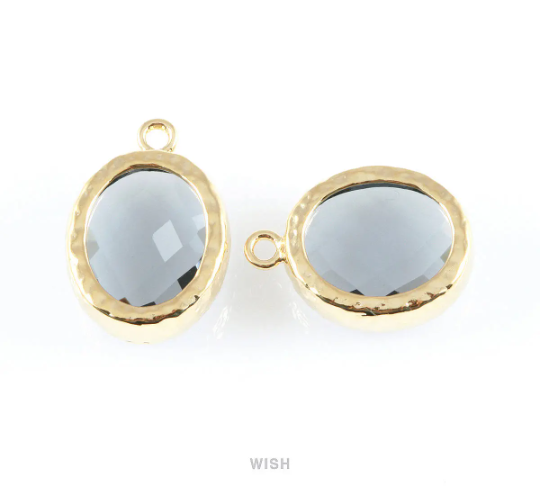 Charcoal Faceted Glass Charms in Rhodium, Framed Oval Pendant / GCCRH-009-P