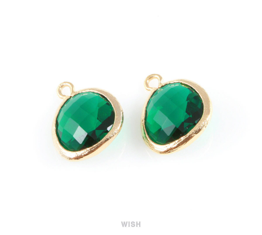 Emerald Faceted Glass Charm in Rhodium, Framed Drop Glass Gem / GEMRH-004-P (Medium)