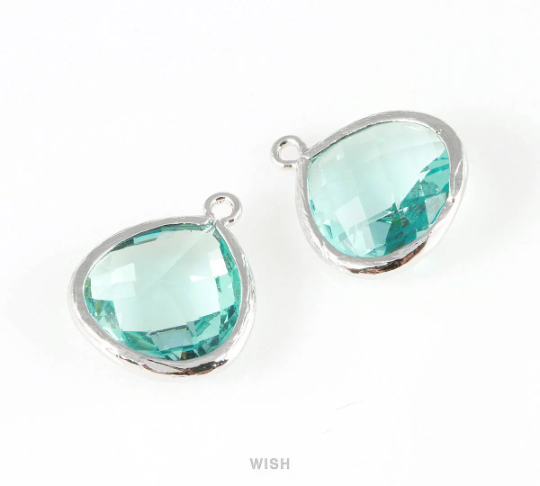 Aquamarine Faceted Glass Charm in Gold, Framed Drop Glass Bead / GAQG-001-P (Large)