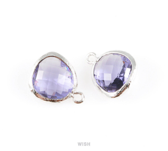 Amethyst Faceted Glass Charm in Gold, Framed Drop Glass Gem / GTZG-004-P (Medium)
