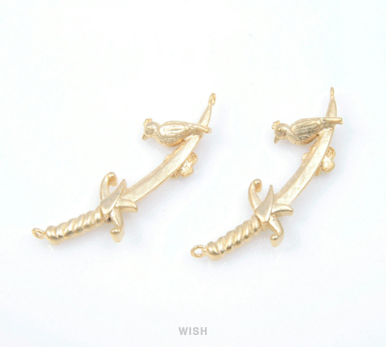 Flower and Sparrow on Sword Pendants in Matt Rhodium, Silver Sword Charm / MMRH-346-P