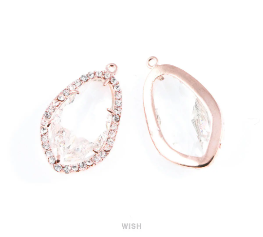 Briolette Clear Glass with Rhinestone in Rhodium, Framed Gem Pendant / GCLRH-043-P