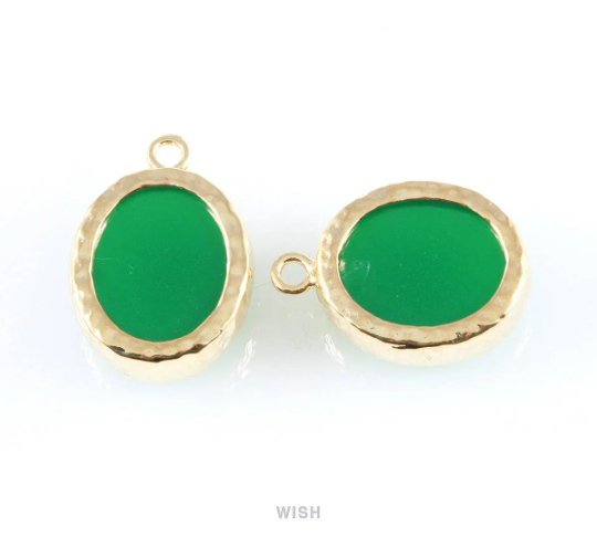 Palace Green Faceted Glass Charms in Rhodium, Framed Oval Pendant / GPGRH-009-P
