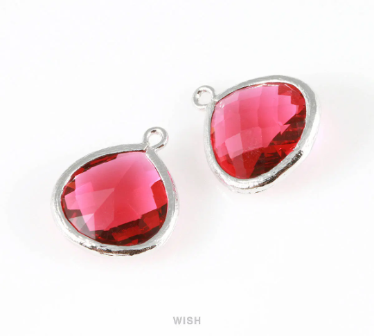 Ruby Faceted Glass Charm in Gold, Framed Drop Glass Bead / GRBG-001-P (Large)