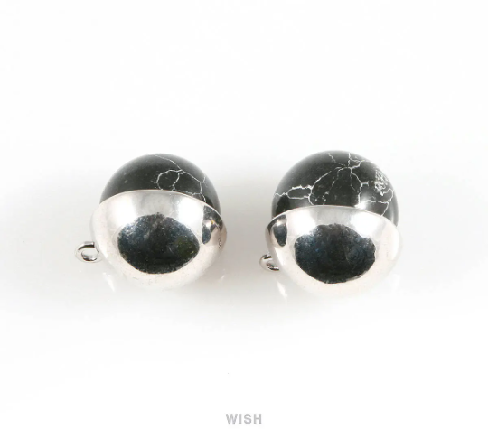 Black Marble Ball Stone Charm in Gold, Gemstone Framed Pendant / SBMG-046-P