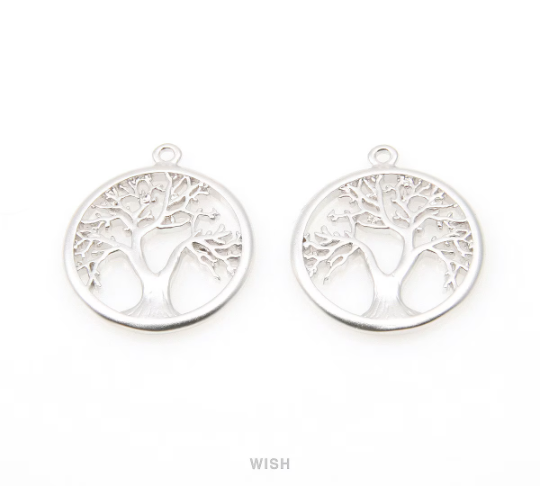 Family Tree in Circle Pendants in Matte Rhodium, Winter Tree Charm / MMRH-076-P