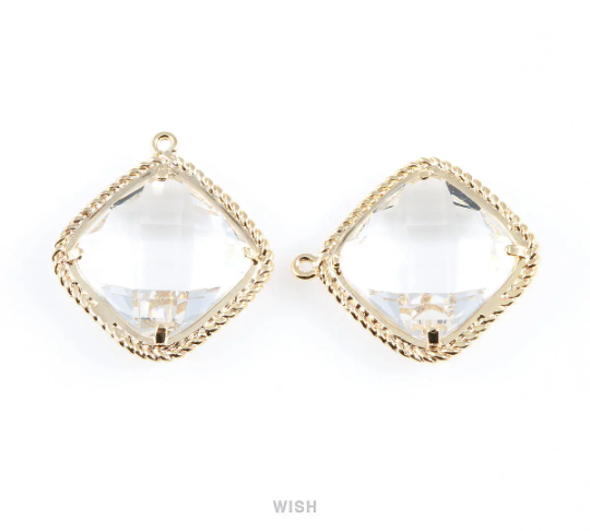 Clear Diamond Shape Pendants in Rhodium, Framed Diamond Charms / GCLRH-032-P