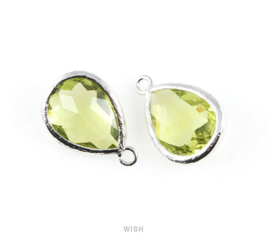 Apple Green Teardrop Glass Charm in Gold, Framed Drop Glass Gem / GAPG-005-P