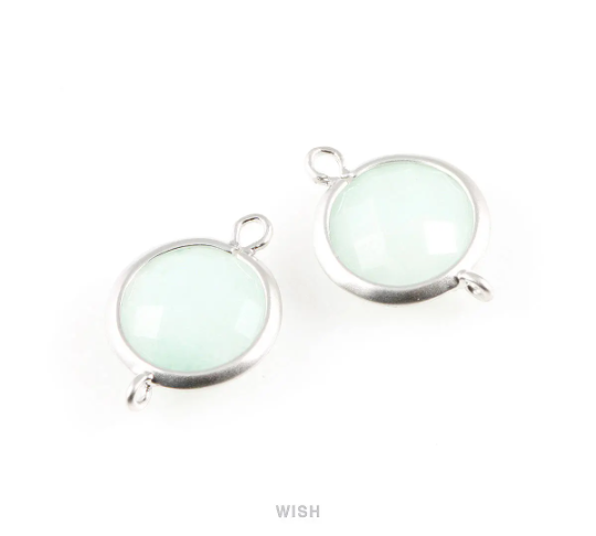 Mint Faceted Stone Charms in Matte Rhodium, Framed Round Connectors / SMTMRH-028-C