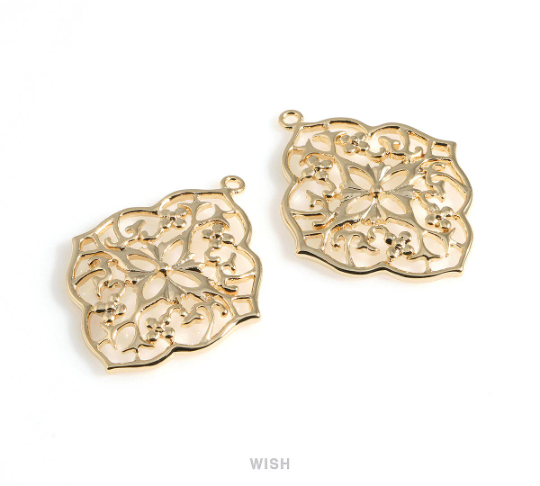 Floral Shield Pendants in Rhodium, Oriental Floral Charm / MRH-057-P