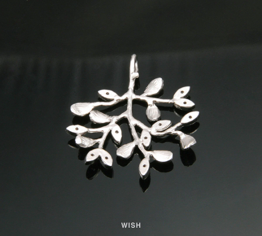 Leaves and Branch with Cubic Zirconia in Matte Rhodium, Tree Charm / MMRH-259-P