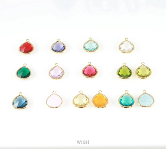 Alice Blue Faceted Glass Charm in Gold, Framed Drop Glass Bead /GABG-001-P (Large)