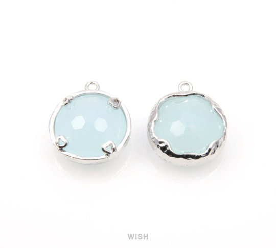 Alice Blue Faceted Glass Charms in Gold, Framed Round Pendant / GABG-090-P (Small)