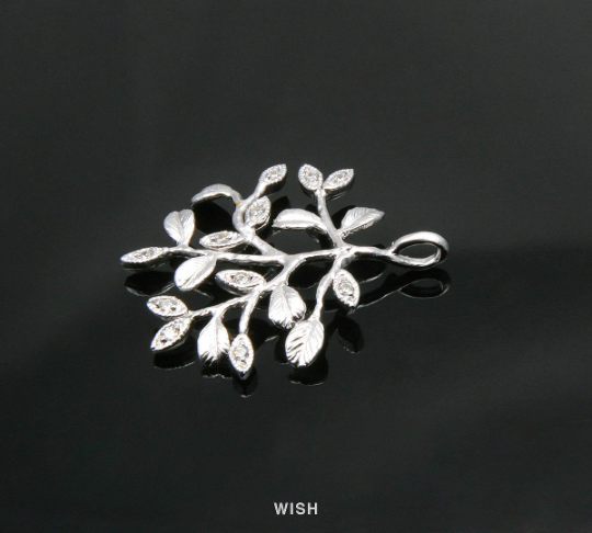 Leaves and Branch with Cubic Zirconia in Matte Rhodium, Tree Charm / MMRH-259-P