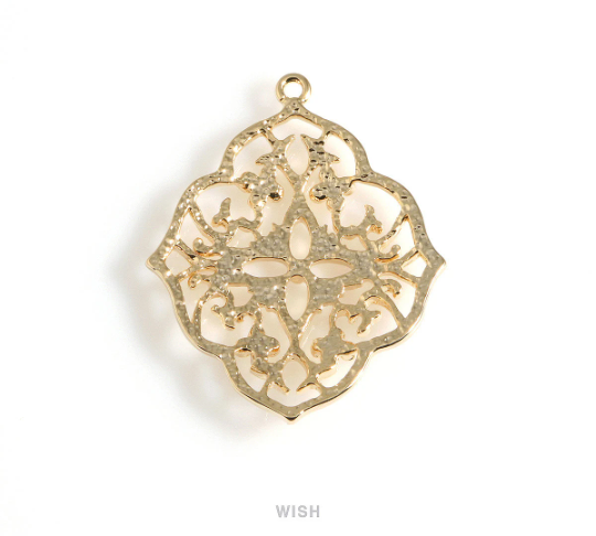 Floral Shield Pendants in Rhodium, Oriental Floral Charm / MRH-057-P