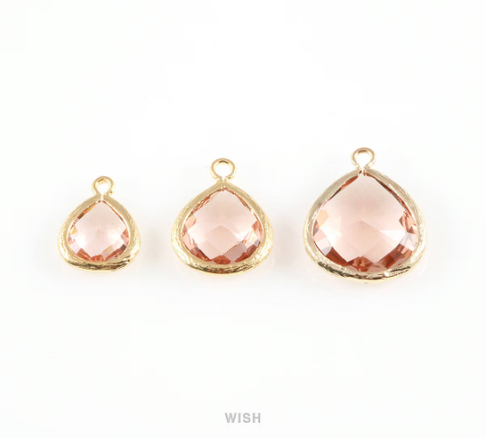 Rose Quartz Faceted Glass Charm in Rhodium, Framed Glass Gem / GRQRH-003-P (Small)