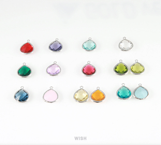 Apple Faceted Glass Charm in Rhodium, Framed Drop Glass Bead / GAPRH-001-P (Large)