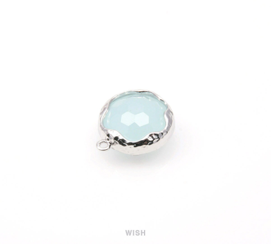 Alice Blue Faceted Glass Charms in Gold, Framed Round Pendant / GABG-090-P (Small)