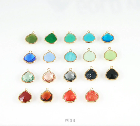 Alice Blue Faceted Glass Charm in Gold, Framed Drop Glass Bead /GABG-001-P (Large)