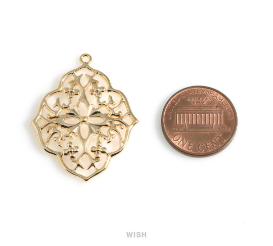 Floral Shield Pendants in Matte Rhodium, Oriental Floral Charm / MMRH-057-P