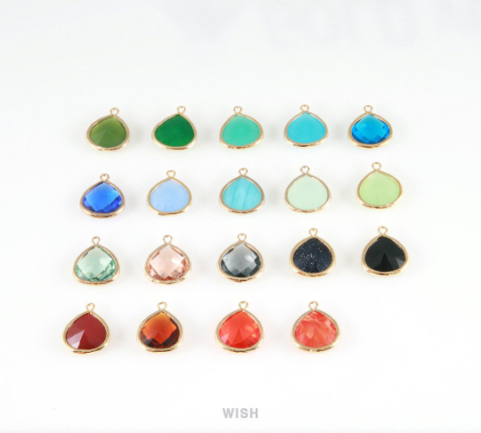 Light Mint Faceted Glass Charm in Gold, Framed Drop Glass Bead / GLMG-001-P (Large)