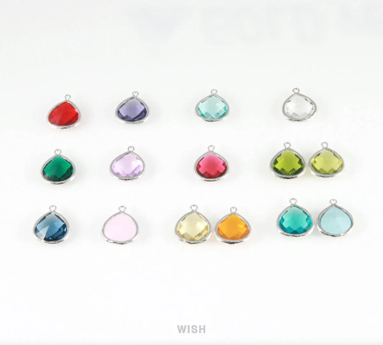 Mint Faceted Glass Charm in Rhodium, Framed Drop Glass Bead / GMTRH-001-P (Large)