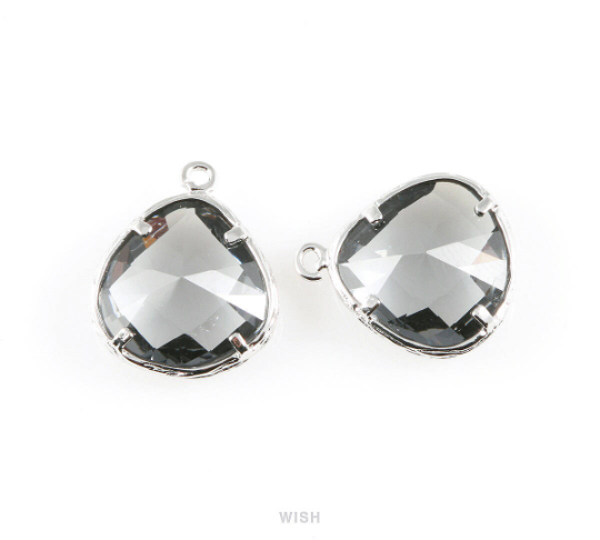 Gray Faceted Glass Charm in Rhodium, Framed Pendant / GGYRH-036-P
