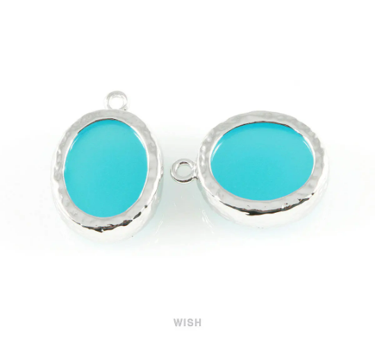 Ocean Blue Faceted Glass Charms in Rhodium, Framed Oval Pendant /GOBRH-009-P