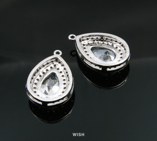 Teardrop Cubic Zirconia Pendants in Rhodium, Sub Rheinstone, Drop Cubic Charm / CRH-049-P