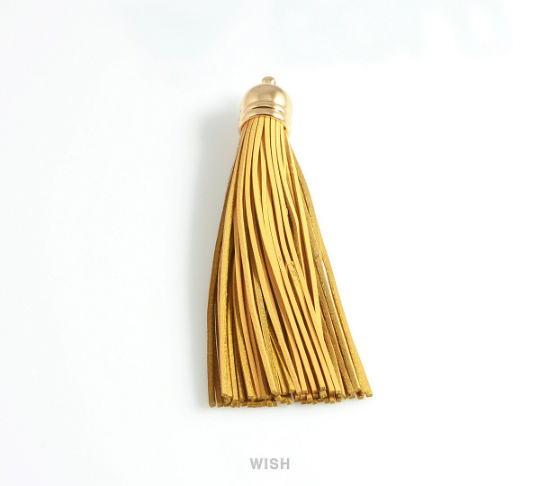 Yellow Leather Tassel with Bell Cap in Gold, Yellow Cowhide Tassel /LYWG-006-T (1 piece)