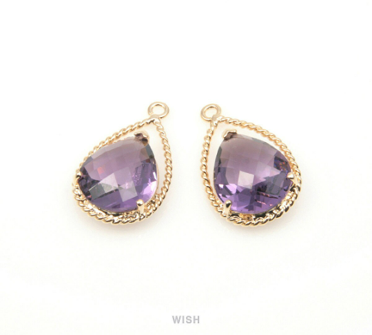 Amethyst Teardrop Glass Charm in Gold, Framed Drop Glass Gem /GTZG-094-P